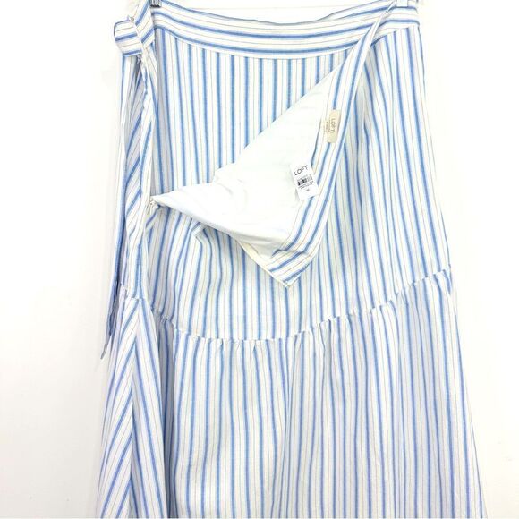 LOFT Cream Light Blue Vertical Stripe Linen Side Tie Front Wrap Skirt NEW - Picture 12 of 14